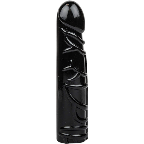 Jellyjortikka musta läpinäkyvä dildo, 19,5 cm pitkä ja 4,5 cm paksu.