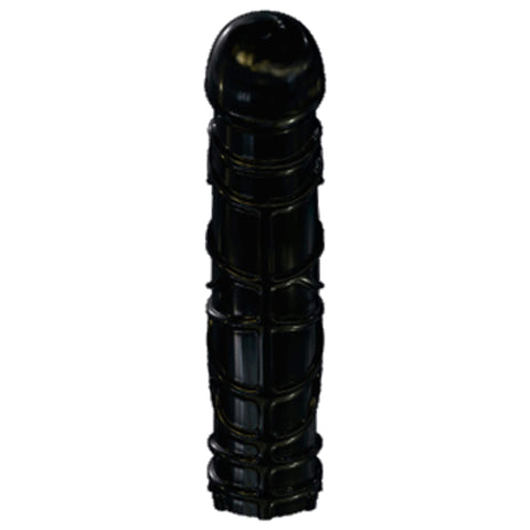Jellyjortikka musta, läpinäkyvä dildo, 19,5 cm pitkä ja 4,5 cm paksu, vaakasuorassa näkymässä.